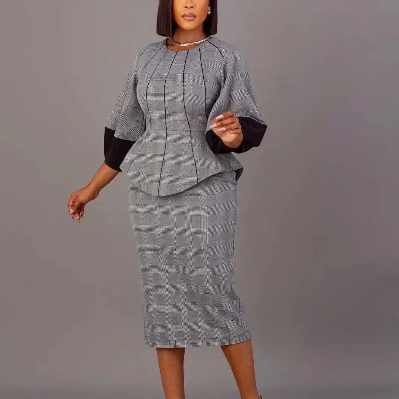 Office Women 2 Piece Sets Women Plaid Printed O Neck Long Sleeve Tops Pencil Skirts Elastic Elegant Outfits Work Lady Dress Sets