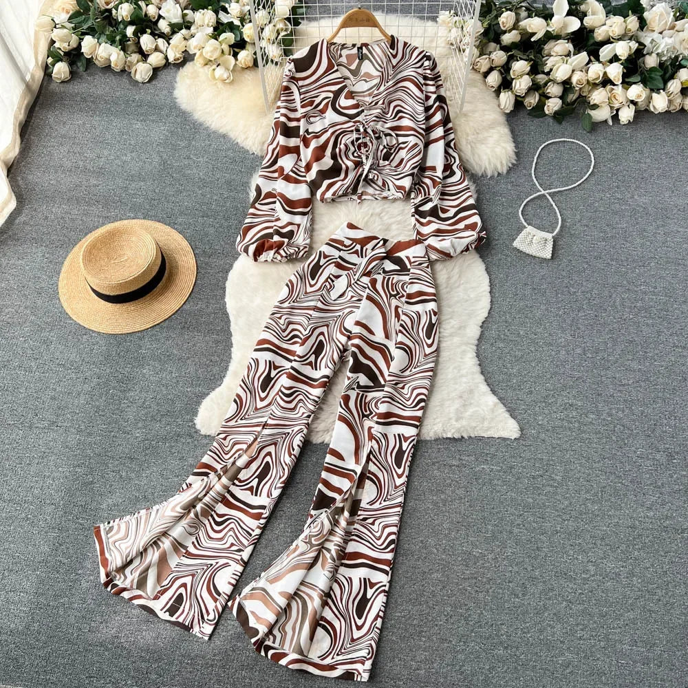 Maxy Summer Women Floral Printed Two Piece Set Sexy V Neck Lantern Sleeve Short Tops + Wide Leg Pants Suit Vacation Beach New