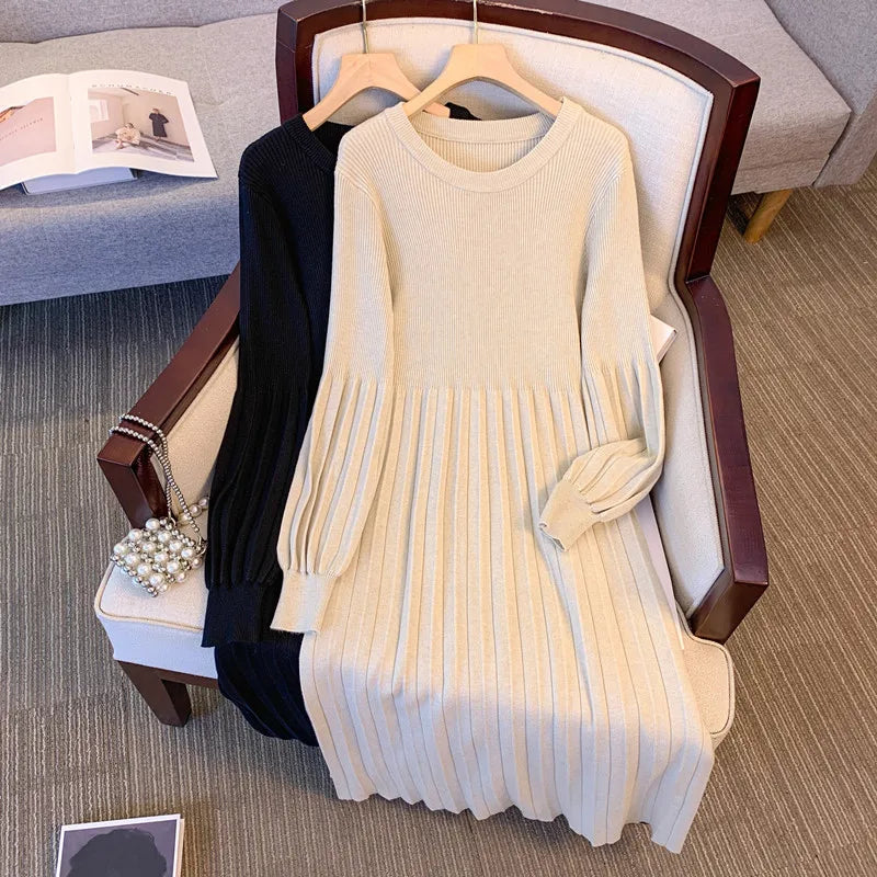Maxy Women Basics Long Sleeves Elegant O-neck Casual Loose Knitted Sweater Long Dresses Office Lady Autumn Winter Plus Size Clothing