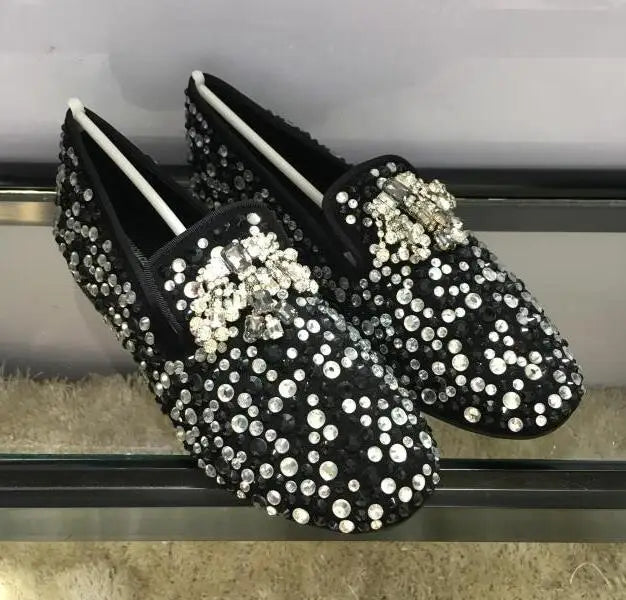 Visco Spring Gold Black Handmade Rhinestone Men Shoes Crystal Loafers Male Luxury Party Wedding Shoes Slip on Men's Flat shoes