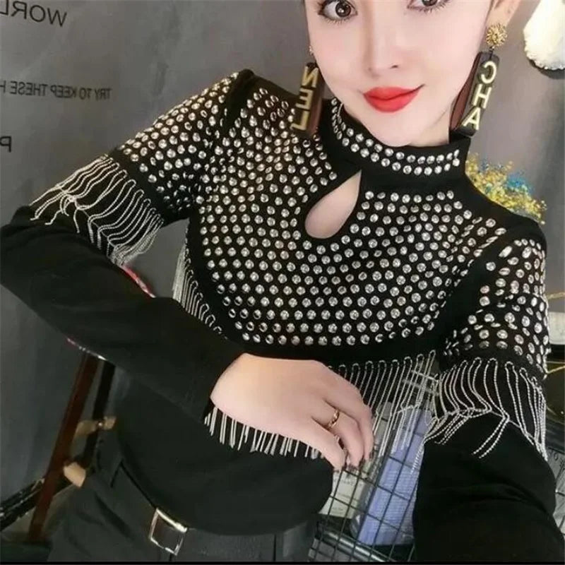 Maxy Tassel Hot Drill Tee Women T-shirt Spring Fall Hollow Out Pullover Stand-up Collar Long Sleeve Shiny Cotton Female T-Shirt