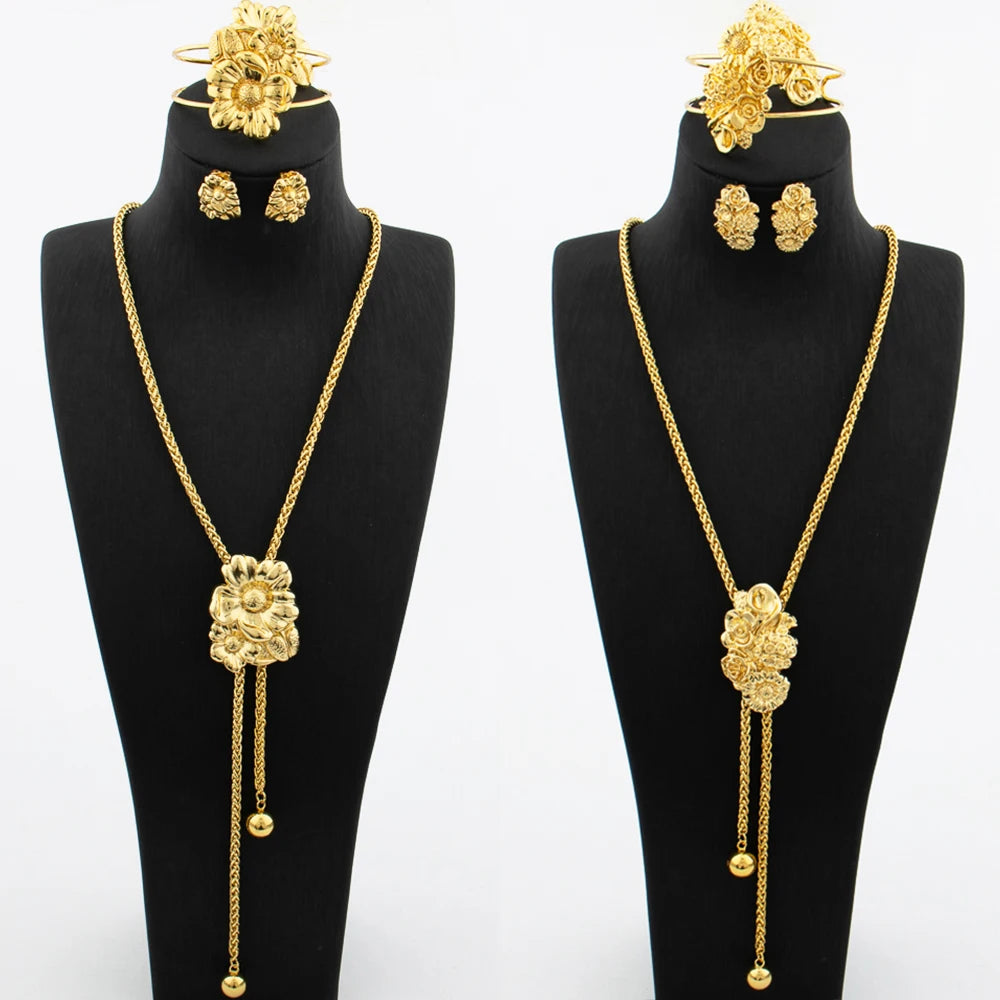 Maxy Gold Plated Jewelry Set for Women Adjustable Necklace Flower Shape Copper Earring Bracelet Rings Wedding Jewellery