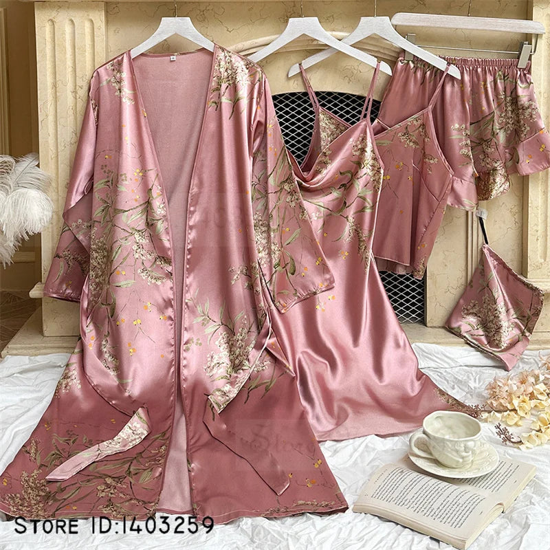 Max Four Pieces Pajamas Set Printed Little Cherry Sleepwear Women Satin Nightgown With Suspender Sling Shorts Summer Home Clothes