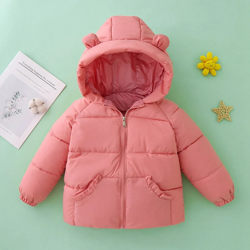 Maxy Cute Baby Girls Winter Clothes Kids Light Down Coats Ear Hoodie Autumn Girl Coat Jacket Toddler Children Clothing Outset 3-7T