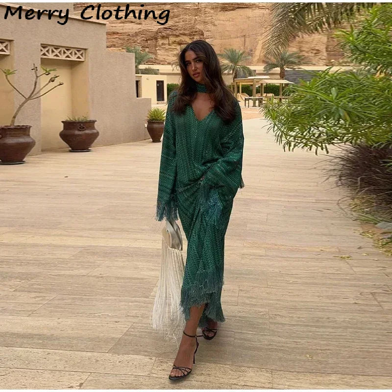 Maxy Elegant Tassel Hem Dress Women V-neck Long Sleeve with Scarf Loose Dresses 2026 NEW Spring Luxury Lady Party Evening Gowns