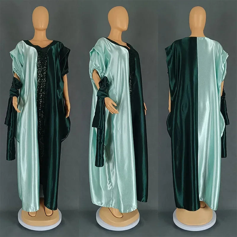 Maxy Dresses for Woman Satin Muslim Dress Scarf Abaya Dubai Turkey Kaftan Marocain Caftan Loose Boubou Robe Ankara Dashiki