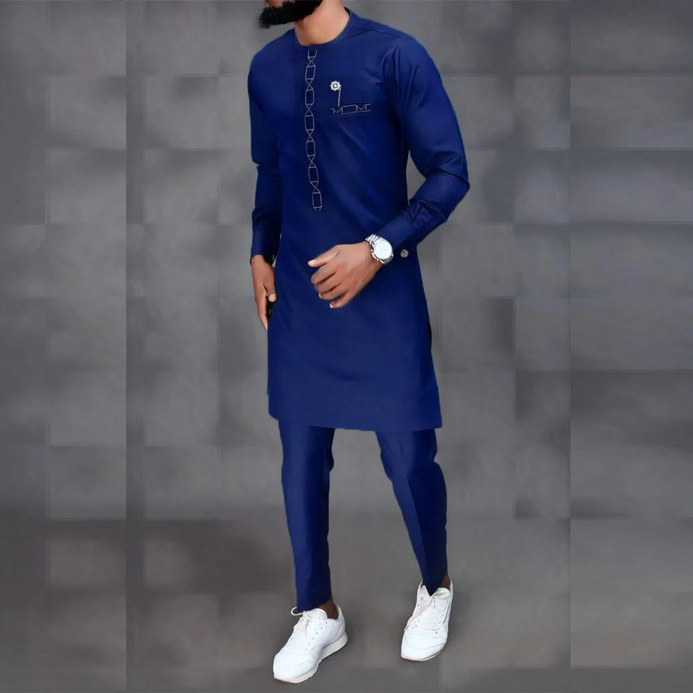 Amay New Kaunda Men's Set Fashionable and Elegant Men's Wedding Set Round Neck Long Sleeve Embroidered Men's Full Set Suit