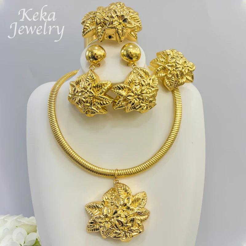 Maxy Italy Flower Shape Jewelry Set for Women 18K Gold Plated Necklace Ring Bracelet Earring Luxury Party Wedding Jewelry Gifts