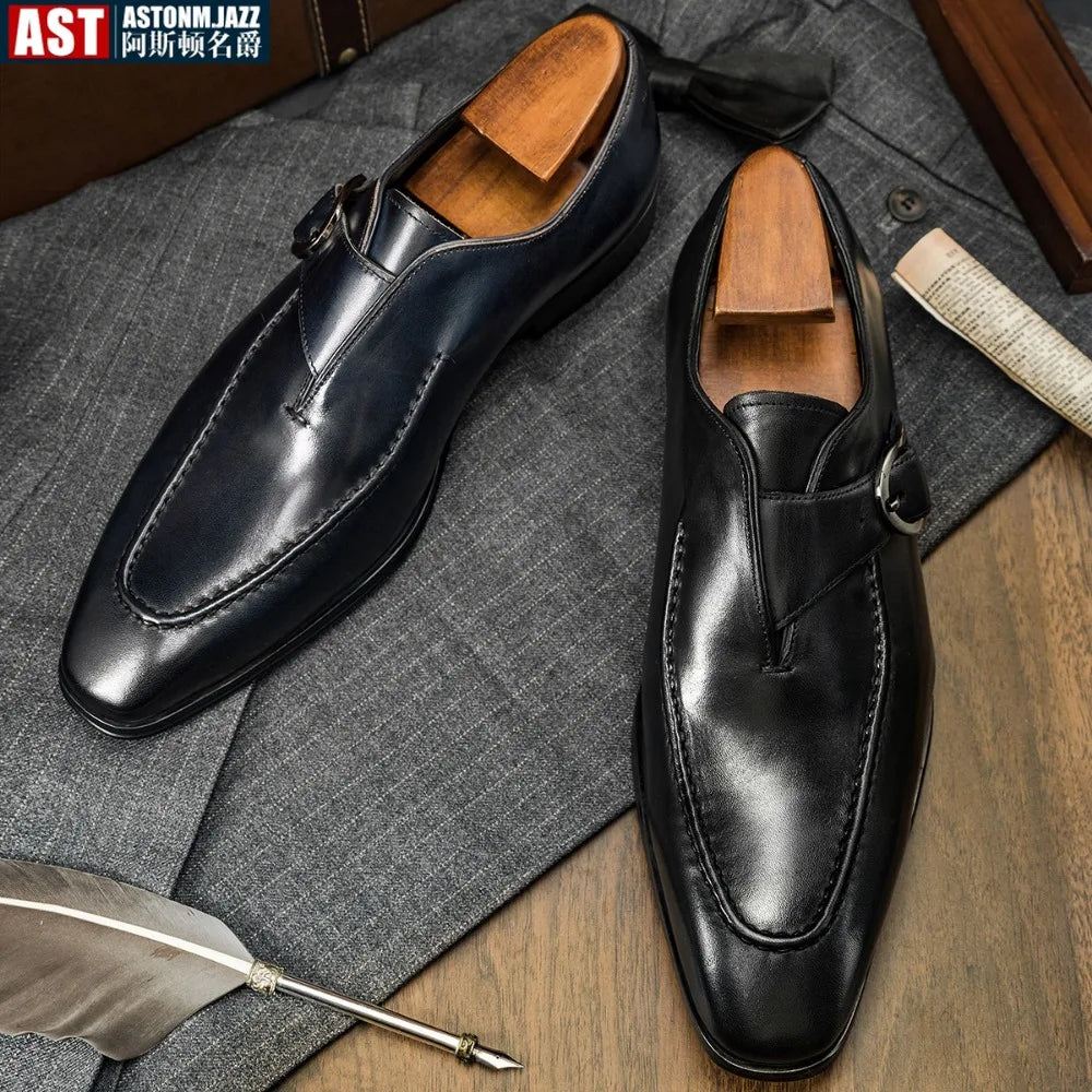 Amay Genuine Leather Mens Loafers Handmade Monk Strap Wedding Party Casual Dress Shoes Summer Autumn Footwear for Men
