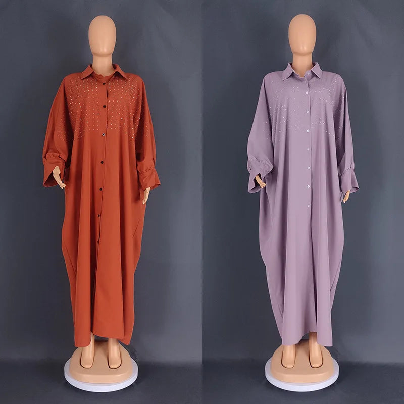Amay Dress Women's Long Shirt Loose Robe Casual Nigeria Africa Clothes Hot Diamond Muslim Maxy Long Sleeve Dress Abaya Femme