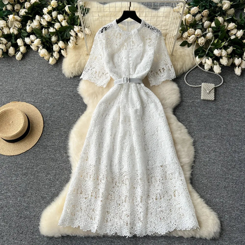 Maxy Temperament Stand Collar Half Sleeve Lace Robe French Style Belt Slim Waist Hollow Out Vestidos Elegant Crochet Mujer