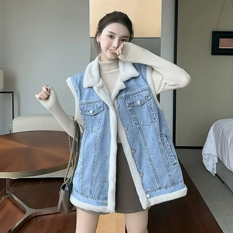 Maxy 2024 Winter New Korean Version of Retro Two-face Denim Waistcoat Women Loose Vest Plus Velvet Padded Jacket