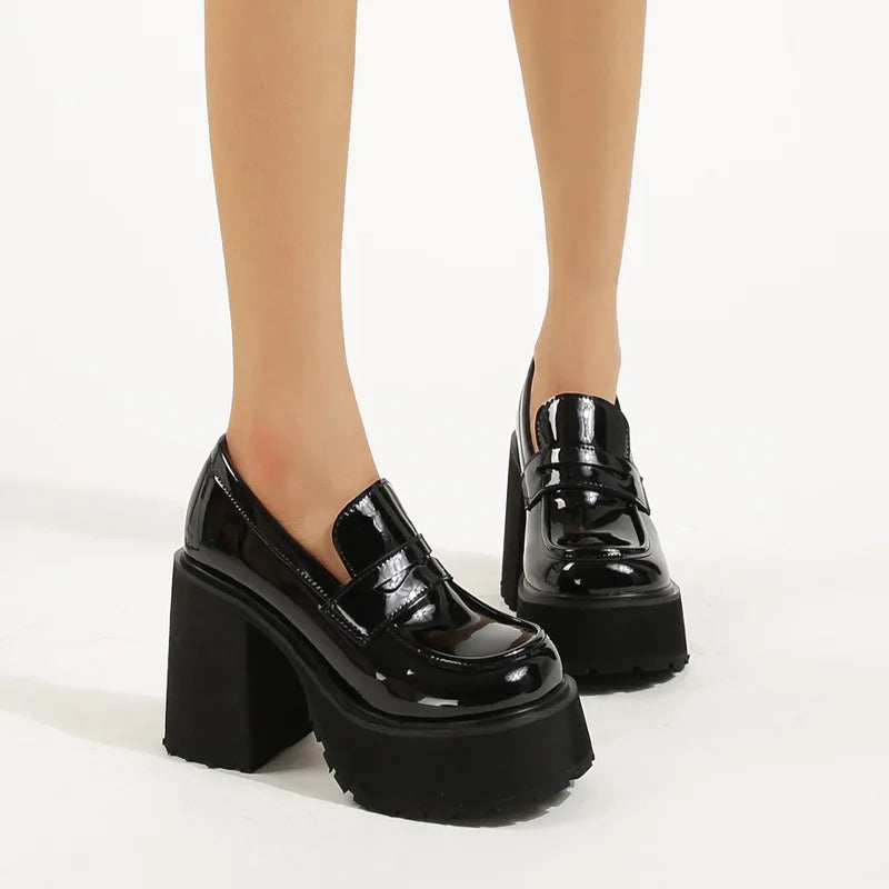 Maxy Chunky Platform Loafers Heel Patent Leather Slip on Casual Shoes Women Lady Office Shoes Japanese Lolita Black 10cm Heels Pumps