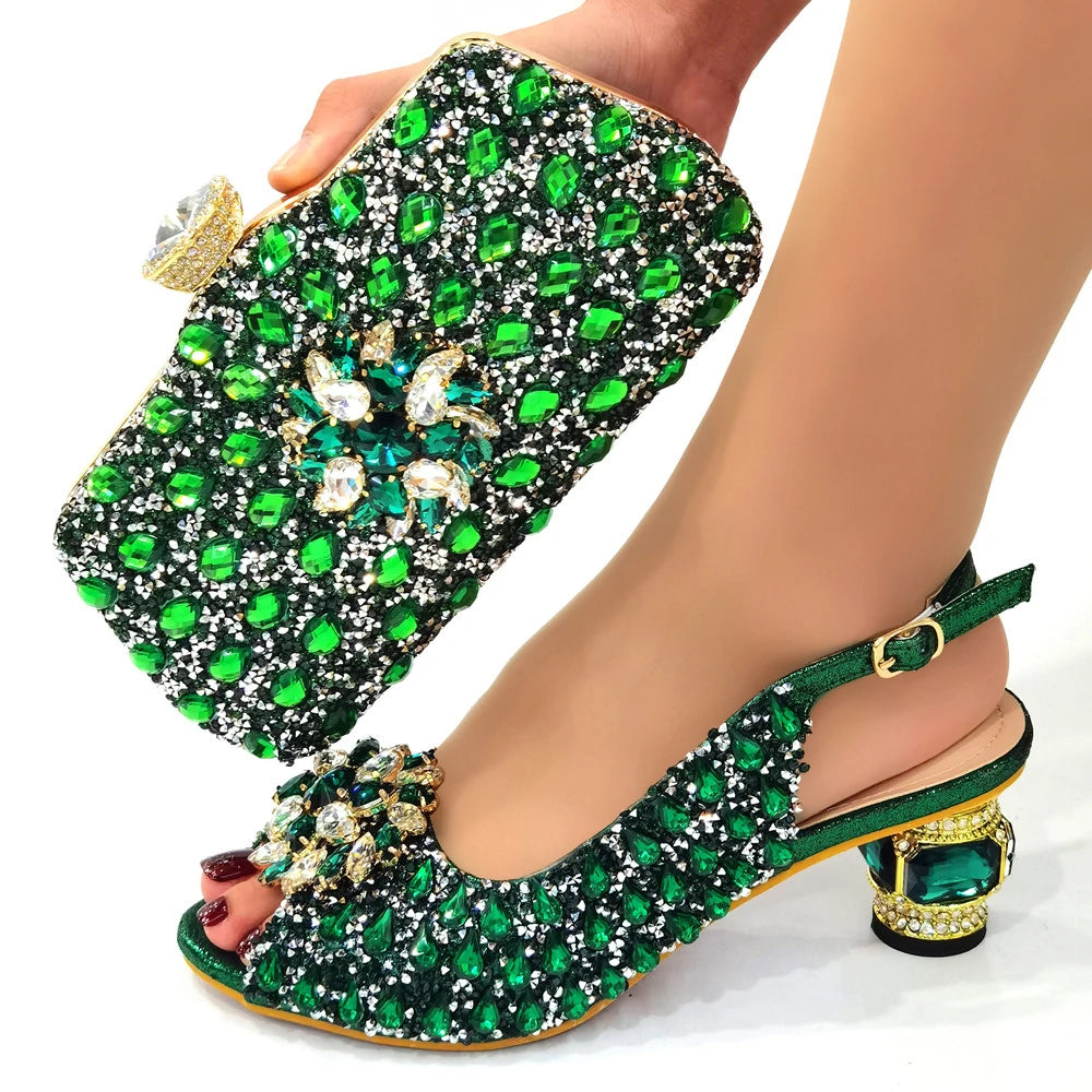 Momsey New Arrival Fashion Special Crystal Style Elegant Gold Color Party Wedding Women Shoes and Bags Set