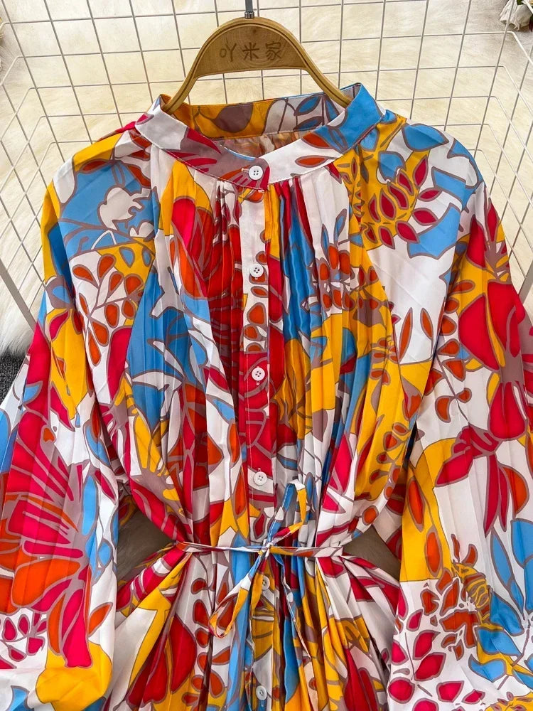 Maxy New Spring Autumn Retro Print Pleated Long Dress Femininity Small Stand-up Collar Puff Sleeve Slim Holiday Dress A116