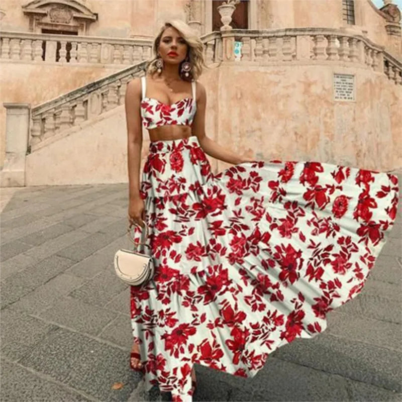 Maxy Bohemian Print Skirt Two Piece Set For Women Sexy Crop Camisole Top And Skirts 2 Piece Sets Summer Beach Holiday Suit Female