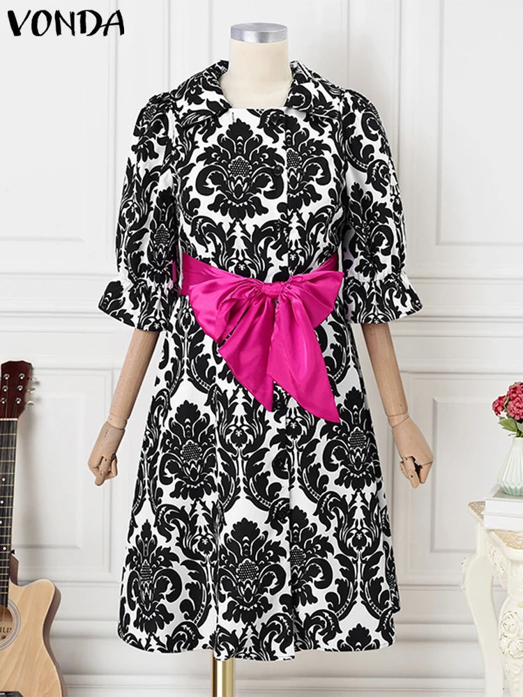 Maxy Plus Size Women Elegant Printed Dress Bohemian Stand Collar Bow Belt Casual Loose Robe Knee Length Sundress
