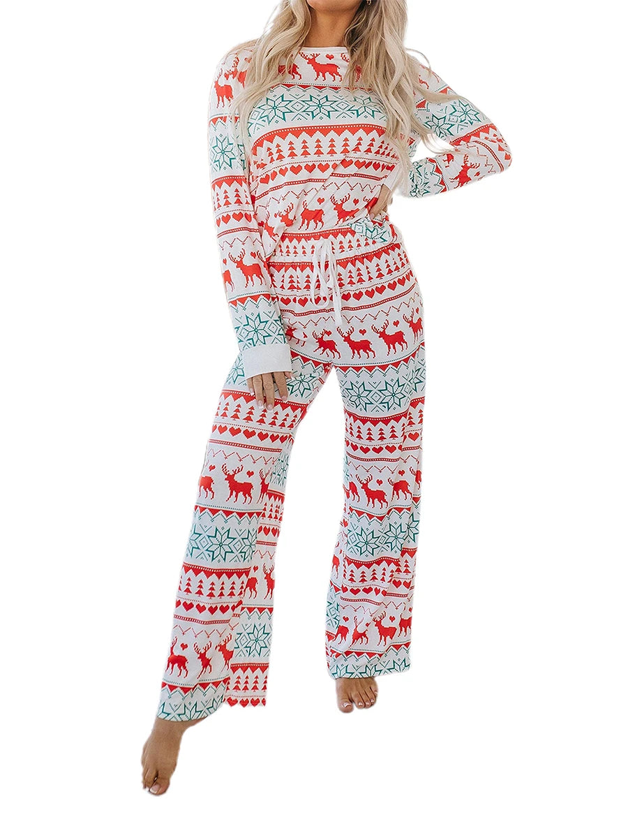 Women s Christmas Pajama Set Reindeer Print Round Neck Long Sleeve Tops Drawstring Long Pants