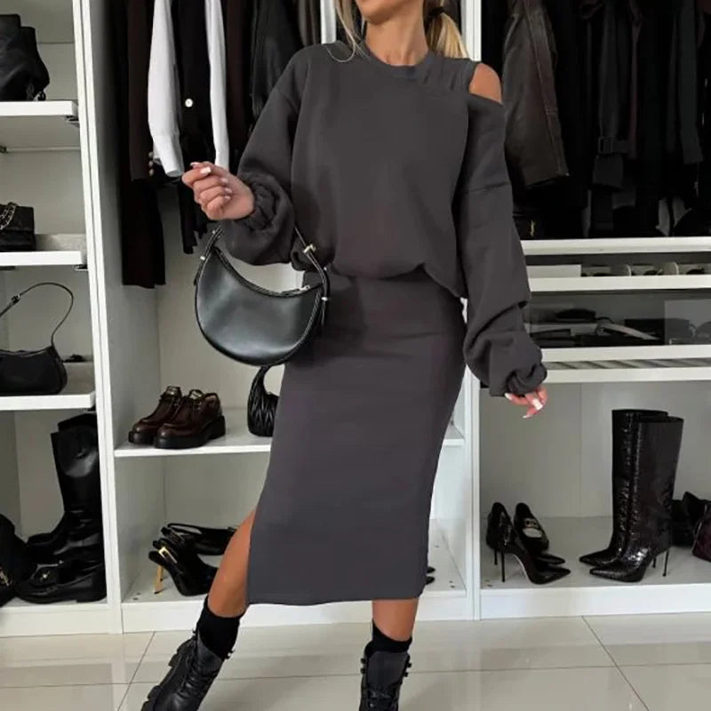 Maxy Elegant Female Solid Sweatshirt and Dress Suit Women Casual Loose Tops Dress Outfit Spring Ladies Round Neck Two Piece Suit