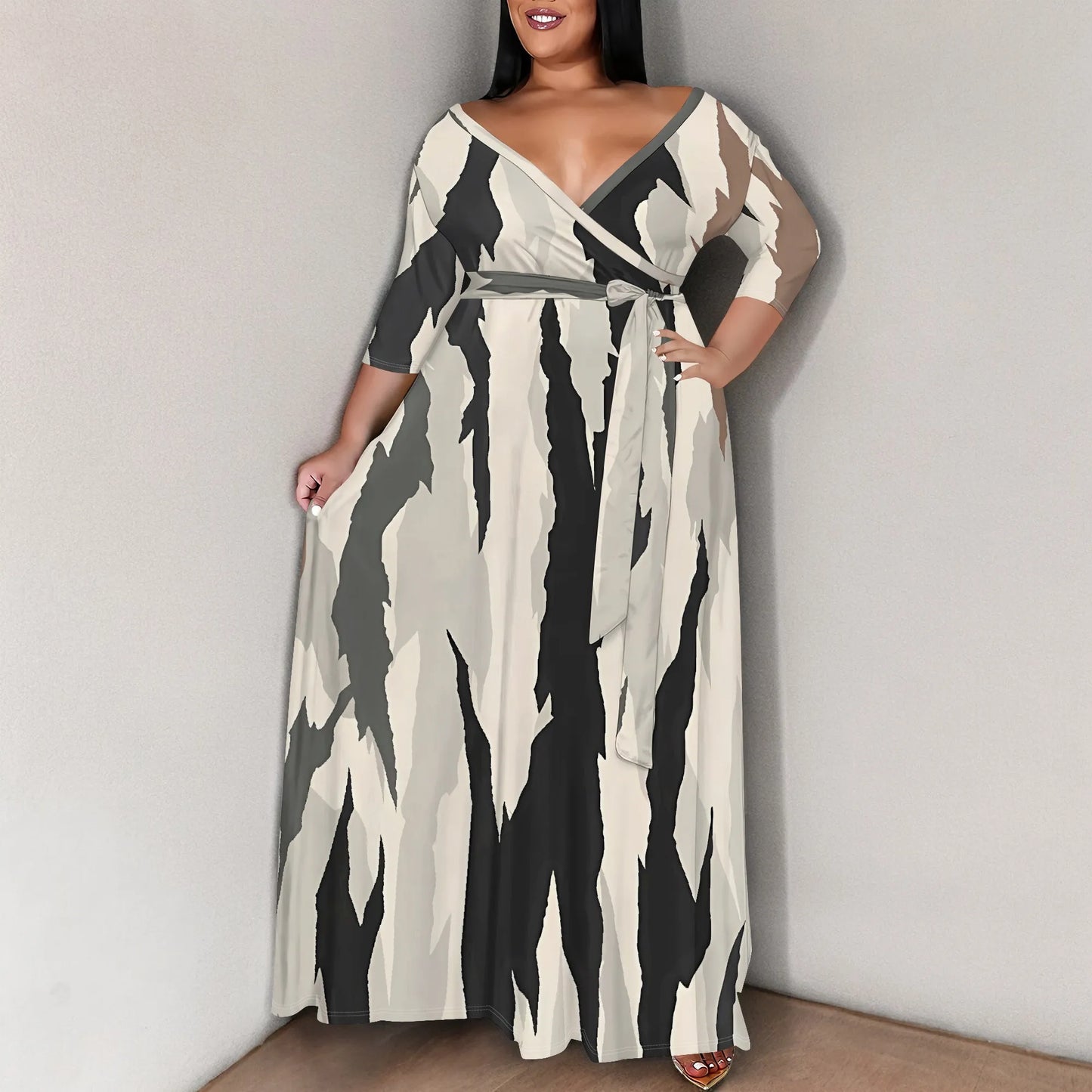 Maxy Plus Size for Women Summer Casual Floral Printing V Neck 3/4 Sleeve Maxy Floor Dress Lace Up Beach Sundress