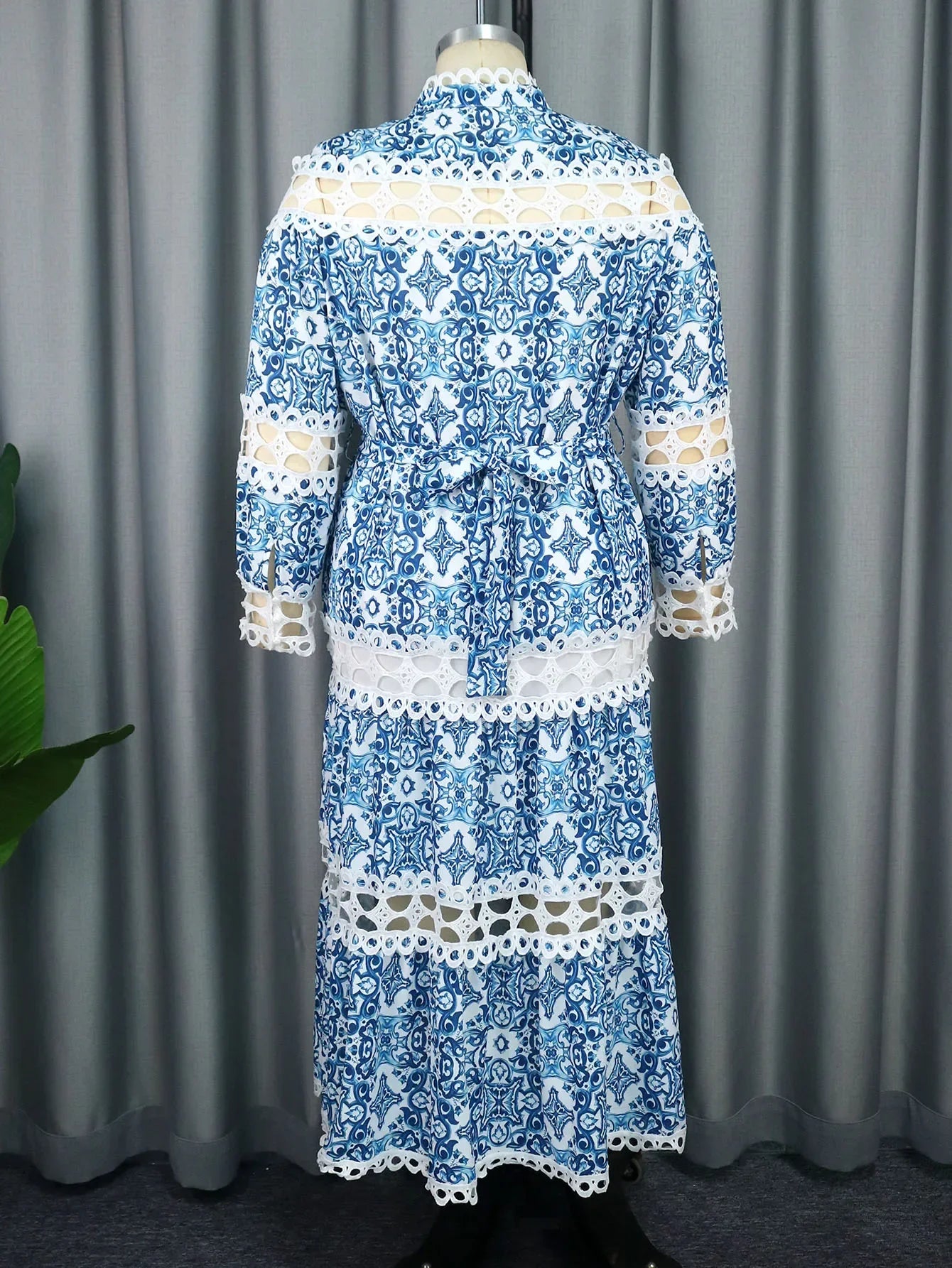 Women Lace Printed Dress Vintage Elegant Patchwork Hollow Out Long Sleeve Lace Up A Line Dresses Ball Gown Casual Clothes