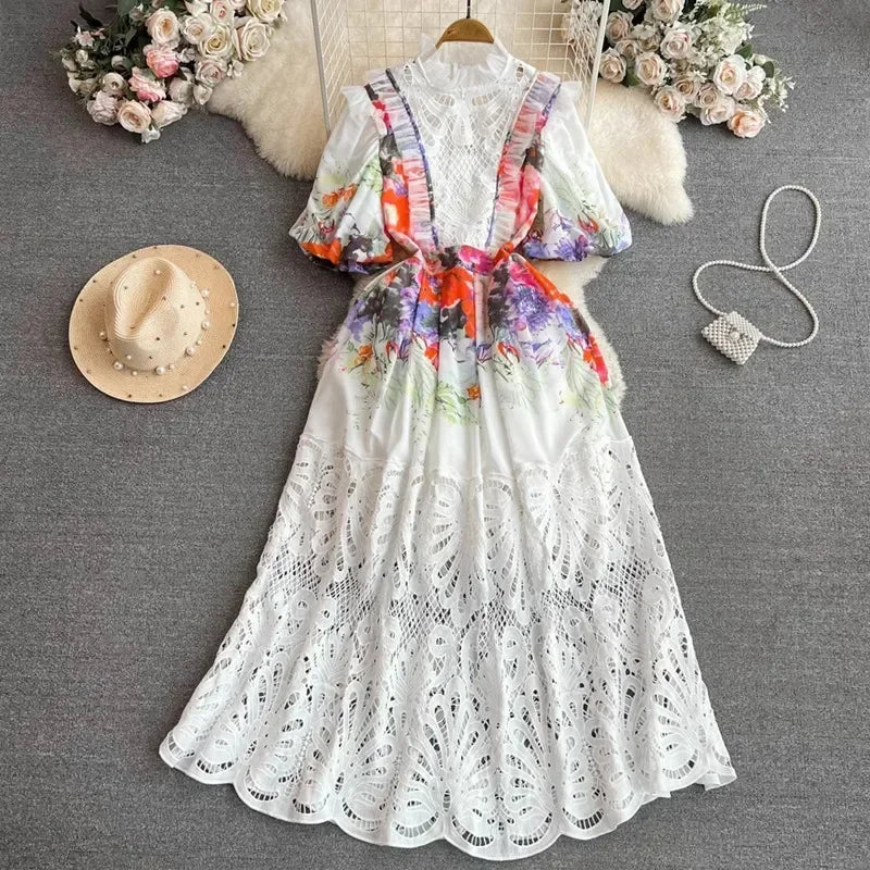 Maxy Retro Palace Style Bubble Short Sleeve Stand Collar Slim A-Line Dress Women Water Soluble Hook Floral Hollowed-Out Lace Dresses