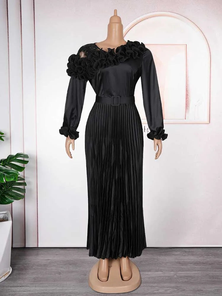 Maxy Woman Autumn Clothes Maxy Long Sleeve Dress with Belt Evening Birthday Elegant and Chic Pleated Dress Plus Size Party Dress