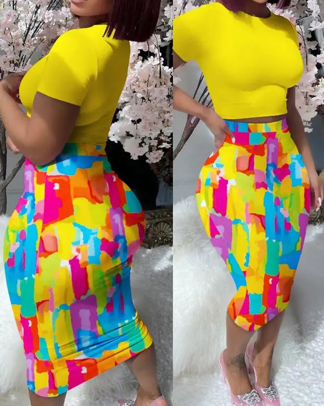 Maxy Fashion Skinny Party Two Piece Set Women Outfit Summer Light Pink Short Sleeved Top & Tight Fitting Mid Length Skirt Sets