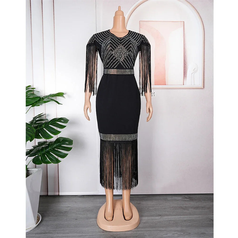 Maxy Plus Size African Party Dresses for Women New Dashiki Diamonds Tassel Ankara Evening Long Gowns Turkey Robe Africa Clothing