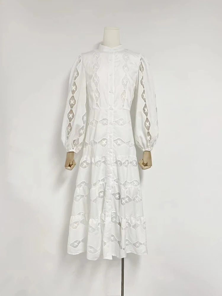 Maxy Solid Hollow Out Slimming Long Dressess For Women Stand Collar Lantern Sleeve High Waist Temperament A Line Dress Female New
