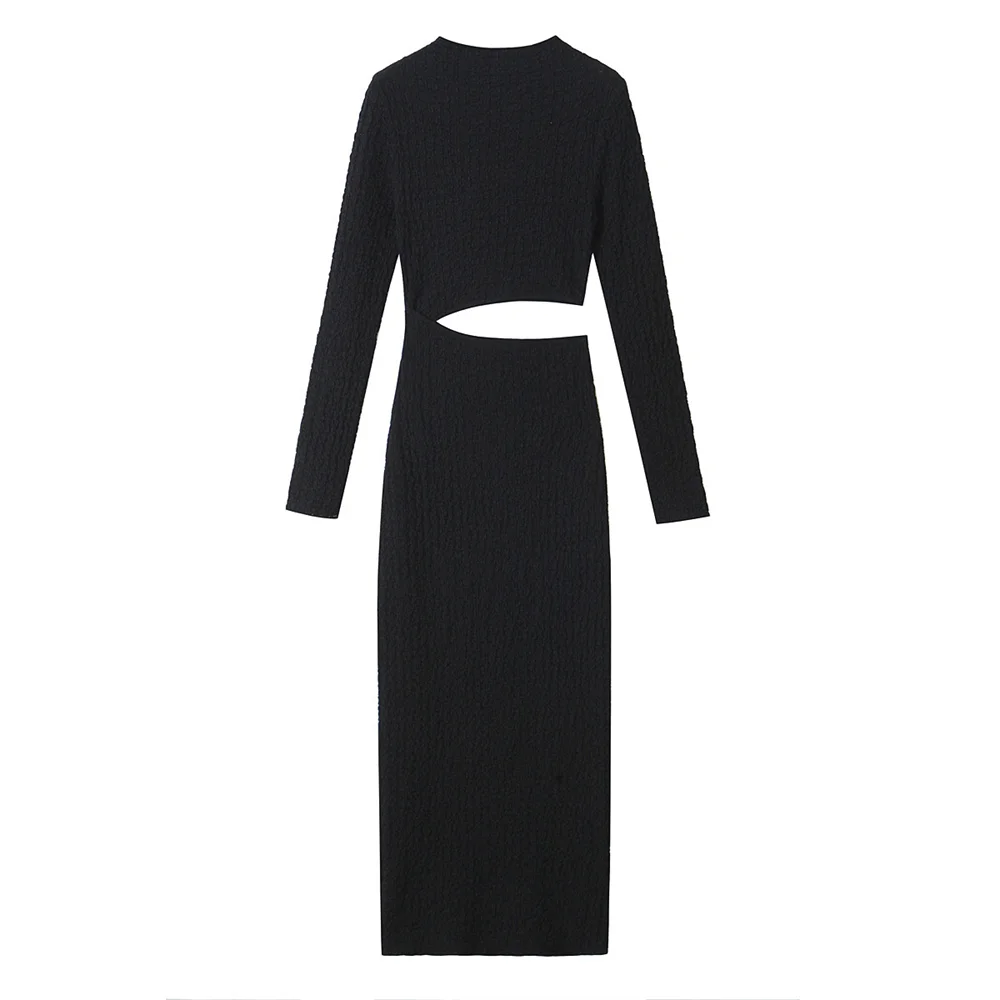 Maxy Autumn New Product Women's Wear Design Waist Open Design Texture Long Sleeve Stand up Collar Dress
