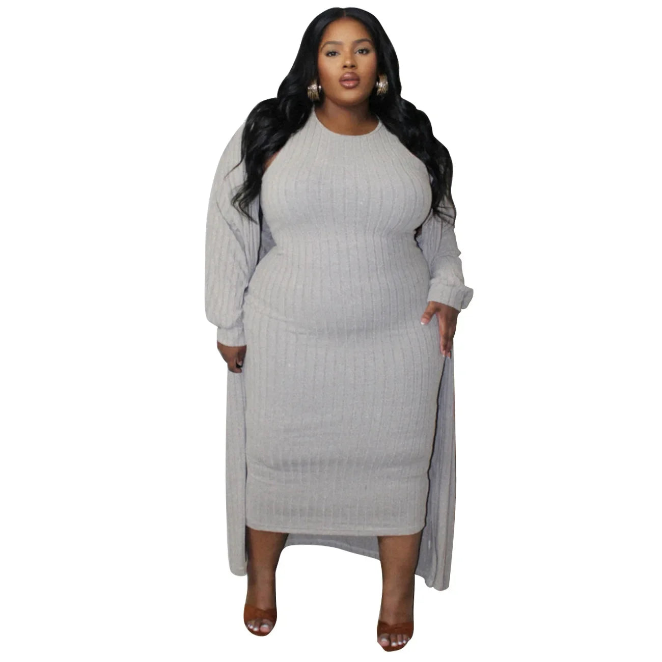 Maxy Plus Size Women's Set Long Sleeve Maxy Coat and Dress Suit Party Fall Streetwear Two 2 Piece Set Outfit Tracksuits