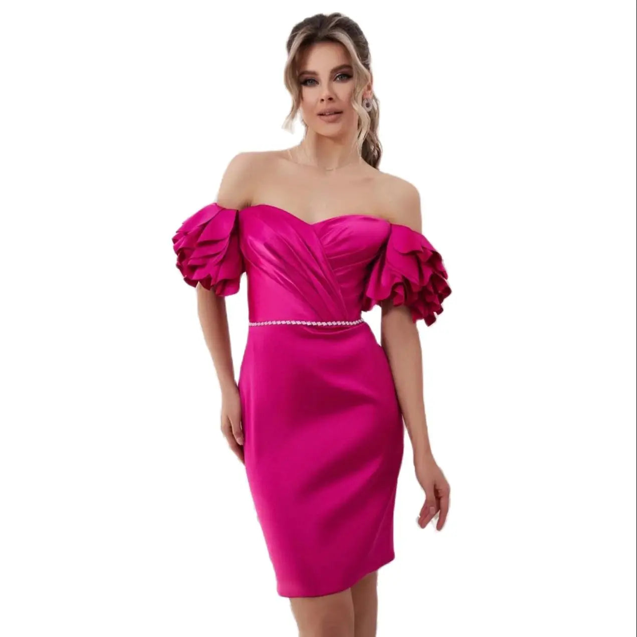 Gracy Hot Pink Office Ladies Dress Off Shoulder Ruffled Midi Length Satin Dresses With Zipper Custom Made Color Party Gown