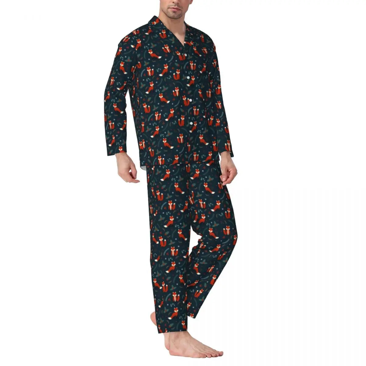 Maxy Cute Fox Print Pajama Sets Funny Christmas Kawaii Sleepwear Man Long Sleeve Loose Leisure 2 Pieces Nightwear Big Size XL 2XL