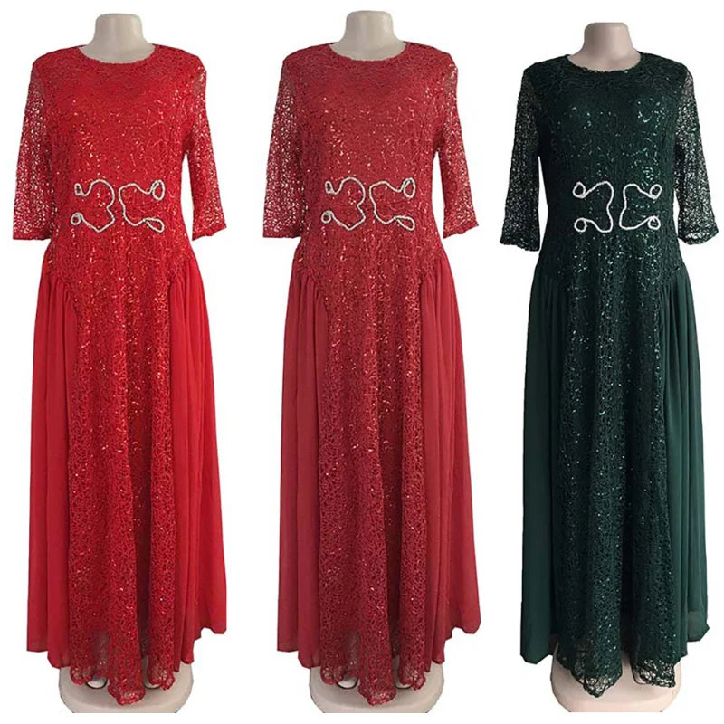 Maxy African Lace Chiffon Dresses For Women Plus Size Ankara Dashiki Maxi Robe Dubai Turkey Sequin Abaya Wedding Party Dress