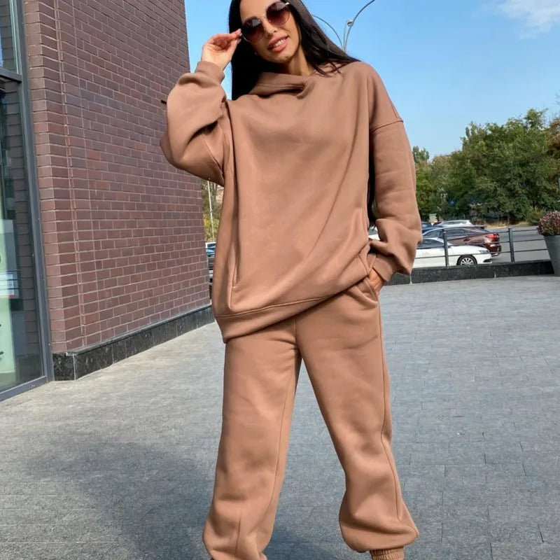 Maxy 2 Piece Sets Women Outfits Solid Color Simple Style Commuting Tracksuit Autumn Winter Warm Hoodies Top Suits Casual Sweatshirts