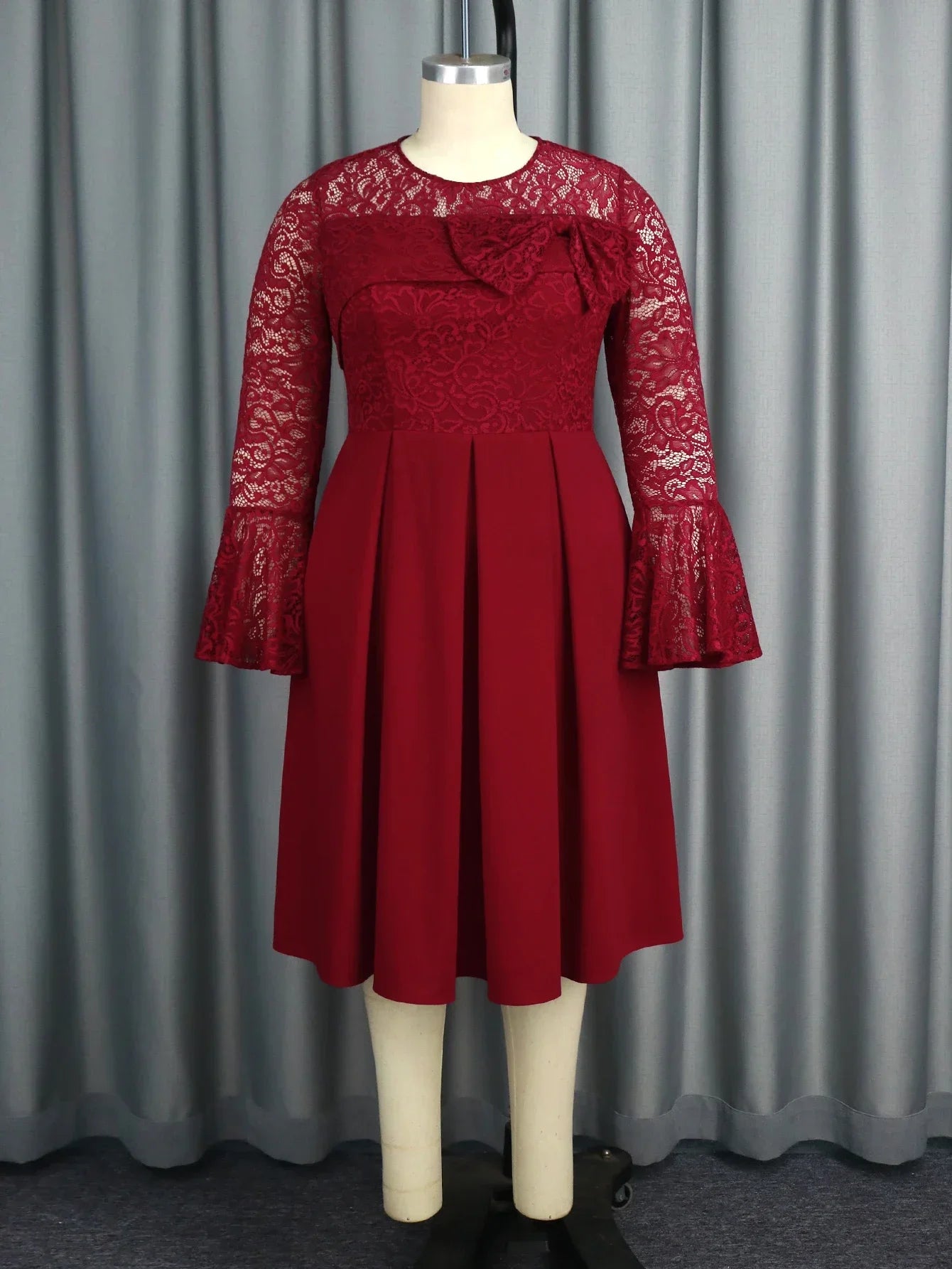 Amay Retro Lace Wedding Dress O-Collar Bow Horn Sleeve A-line Dress for Christmas Celebration Party Dresses Women's Wear