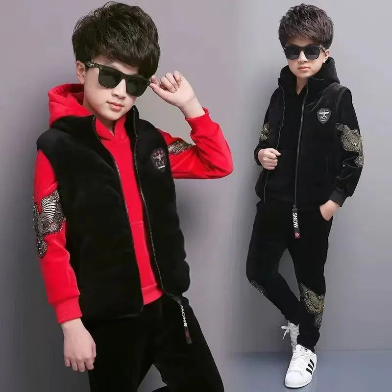 Maxy 2024 Winter Boys tracksuit Autumn Toddler Teenager Clothes Warm velvet jacket + Sweater + Pant Children Kids 8 9 10 11 12 year