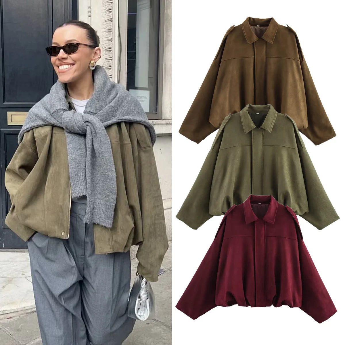 Maxy Women's Army Elegant Bomber Jackets Coats Fashion Turn-down Collar Long Sleeve Loose Coats Vintage Female Outerwear Chic Tops