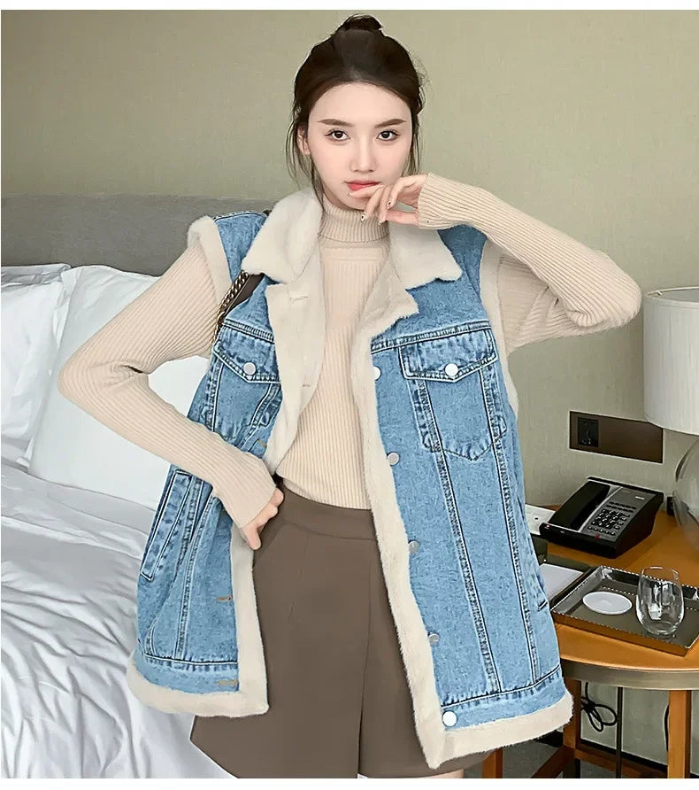 Maxy 2024 Winter New Korean Version of Retro Two-face Denim Waistcoat Women Loose Vest Plus Velvet Padded Jacket