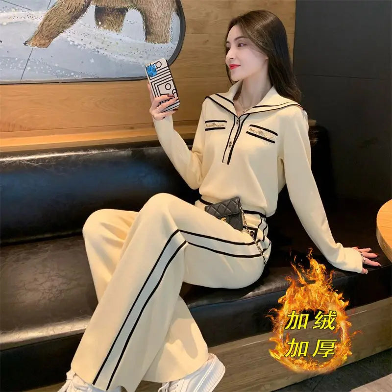 Amay Fashion Suit Women's Autumn and Winter New Style Western-style Age Reducing Navy Collar Top Long Pants Two-piece Set