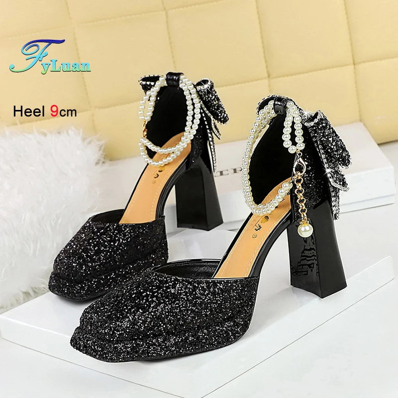 Maxy Summer New Fashion Women's Platform Sandals Glitter Bow Pearl Chain Rhinestone Decoration Ladies Eveing Heels Banquet Shoes