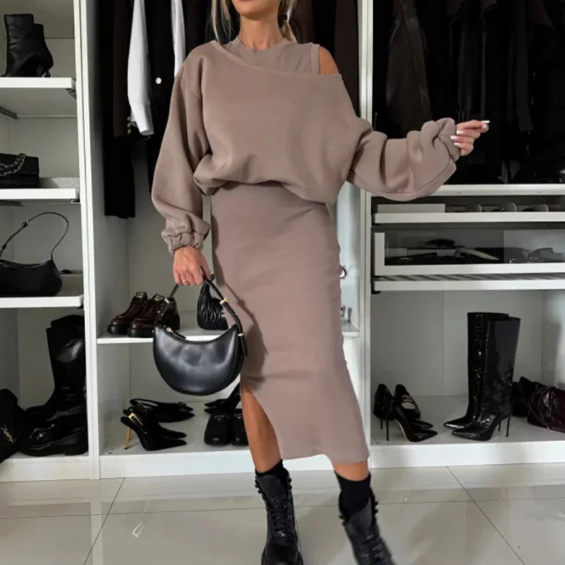 Maxy Elegant Female Solid Sweatshirt and Dress Suit Women Casual Loose Tops Dress Outfit Spring Ladies Round Neck Two Piece Suit
