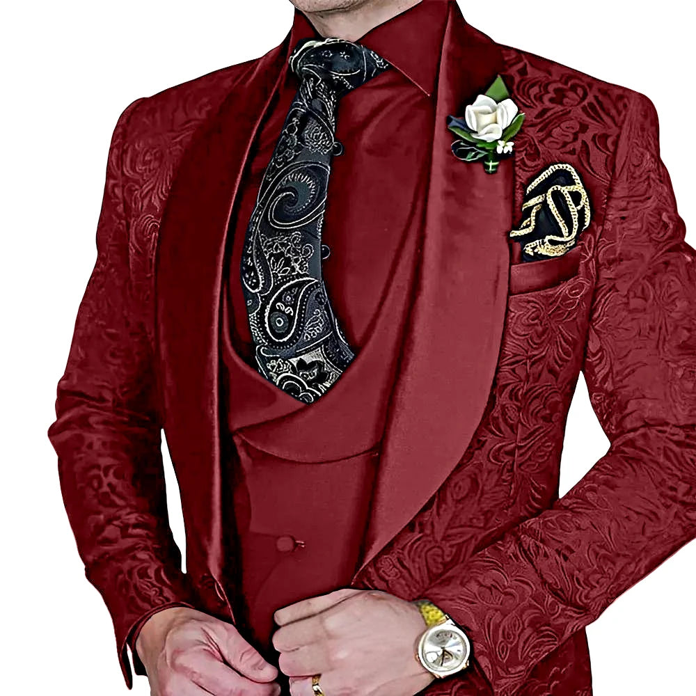 Amay Fashionable Paisley Men's 3-piece Suit Set, Jacquard One Button Blazer, Vest Pants Formal Wedding Party Suits for Men