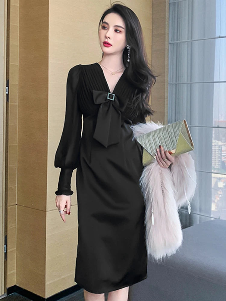 Gaxy Elegant Celebrity Woman Dress Chiffon Spliced V-neck Bow Puff Sleeve Slim Black Robe Femme Midi Gown Office Party