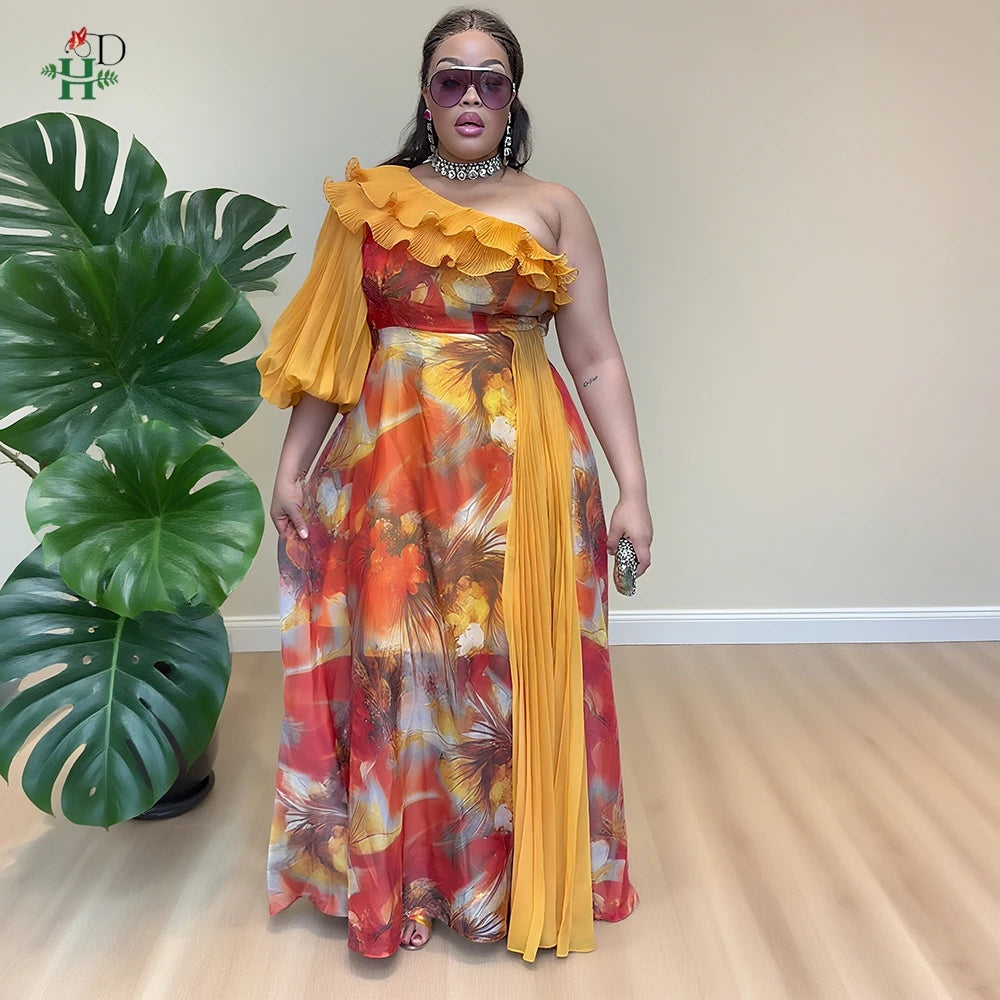 Amay Summer Flounce Maxy Dresses Women's Clothes Evening Party Wedding Dress Plus Size Luxury One-shoulder Dress