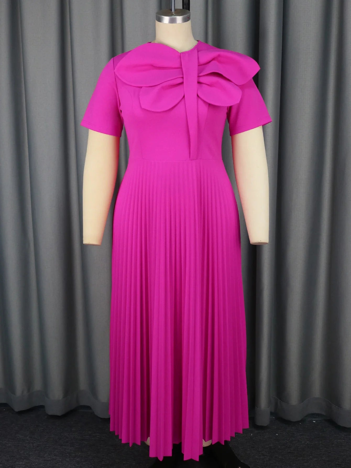 Rose Pleated Dresses for Women O Neck Short Sleeves Big Bows High Waist A Line Causal Fashion Chic Elegant Daily Ball Maxi Gowns