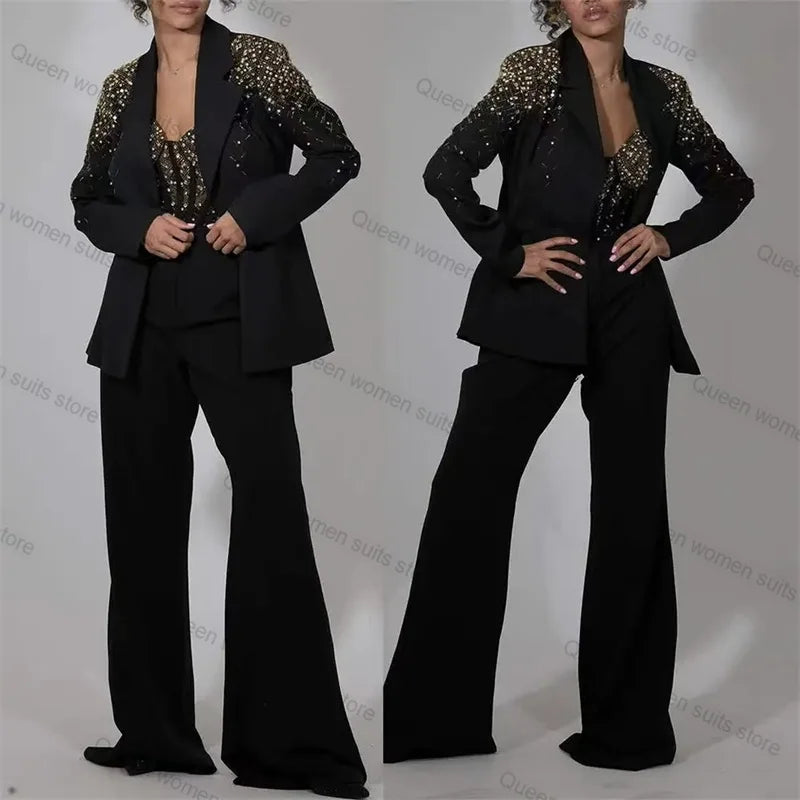 Maxy Crystal Black Women Suit Set for Wedding 3 Piece Camisole Top+Blazer+Pants Luxury Formal Lady Jacket Coat Prom Dress Custom Made