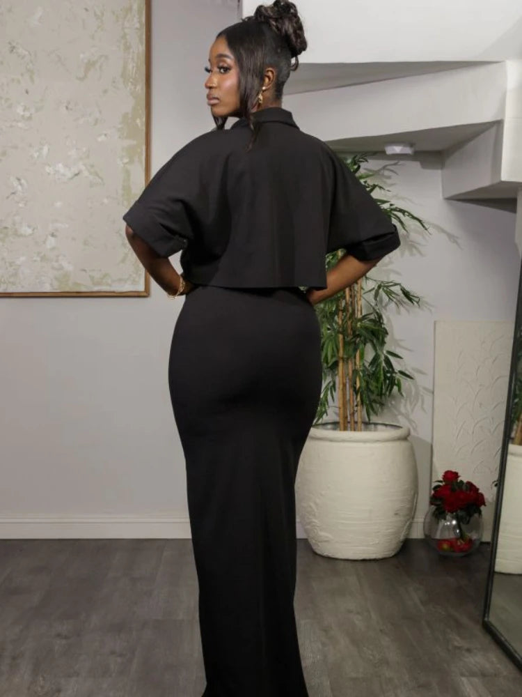 Maxy Fashion Casual Office Women Clothing New Summer Women Long Dress Set Lapel Solid Short Shirt Top Split Half Skirt 2-piece Set