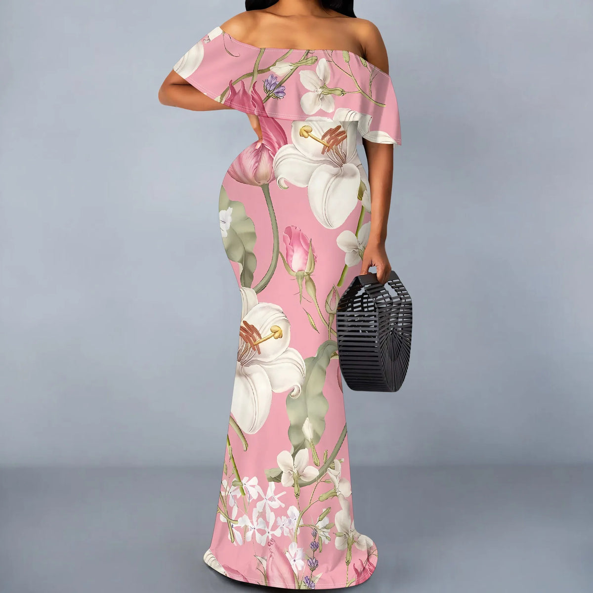 Maxy Pink Floral Print Off Shoulder Ruffle Dress Women Slim Fit Elegant Summer Party Dress